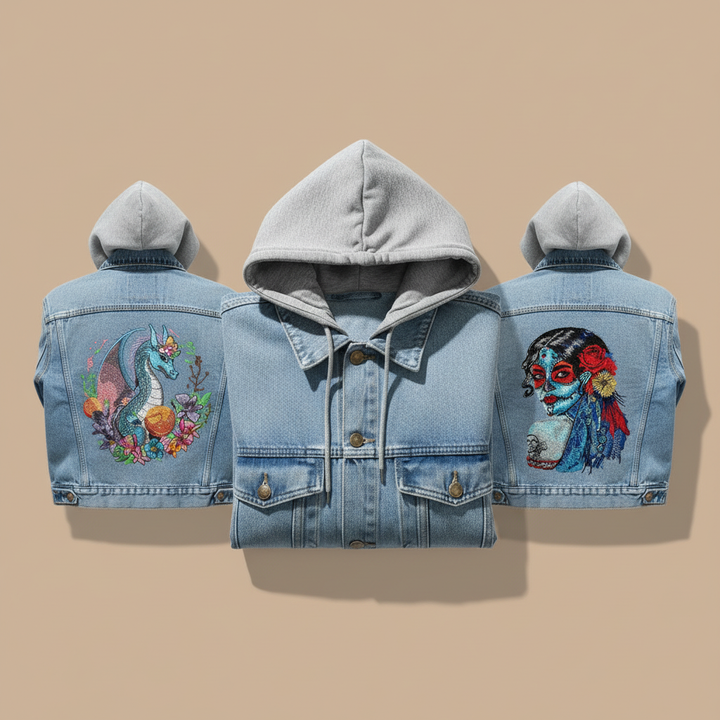 Denim Soul Machine Embroidered Denim Hoodie Jacket – Hand Finished in Dubai | EmbroMania