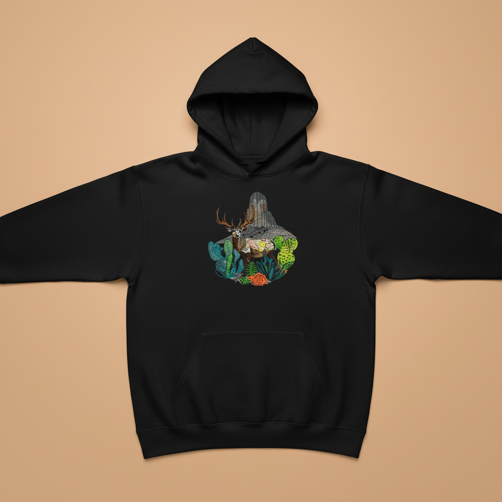 Desert Deer Machine Embroidered Hoodie – Hand Finished in Dubai | EmbroMania