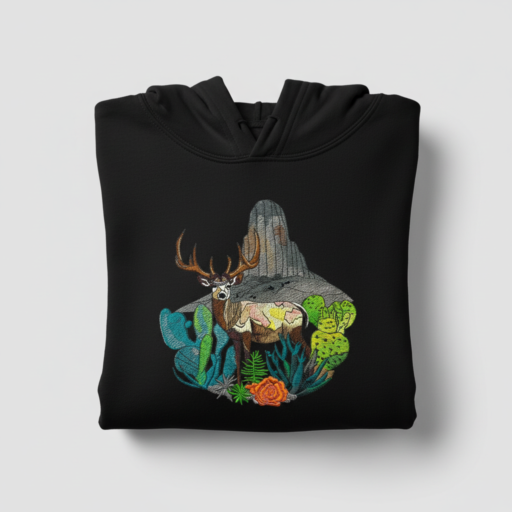 Desert Deer Machine Embroidered Hoodie – Hand Finished in Dubai | EmbroMania