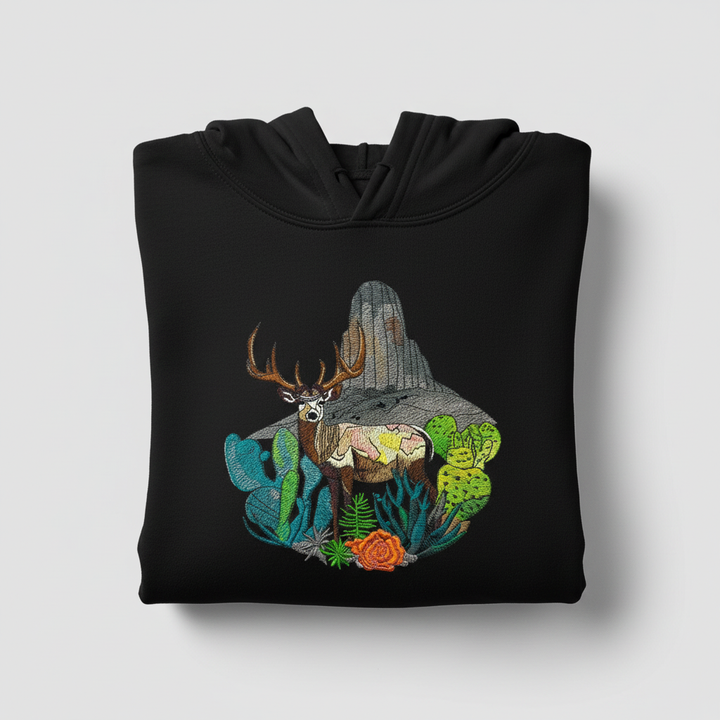 Desert Deer Machine Embroidered Hoodie – Hand Finished in Dubai | EmbroMania