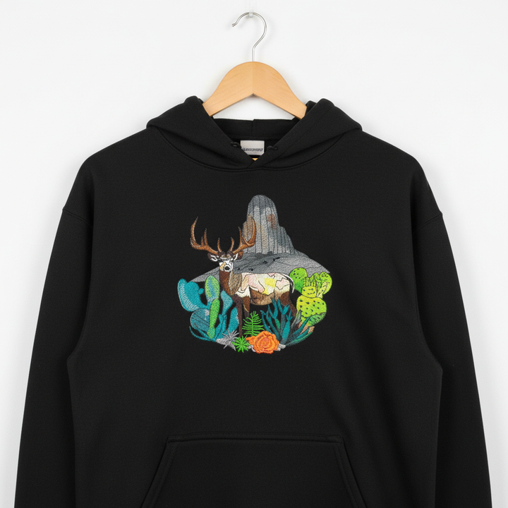 Desert Deer Machine Embroidered Hoodie – Hand Finished in Dubai | EmbroMania