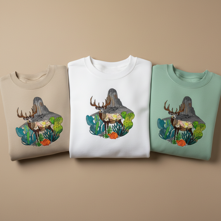 Adventure Edition Desert Deer Landscape — Premium Embroidered Sweatshirt | Original EmbroMania Design