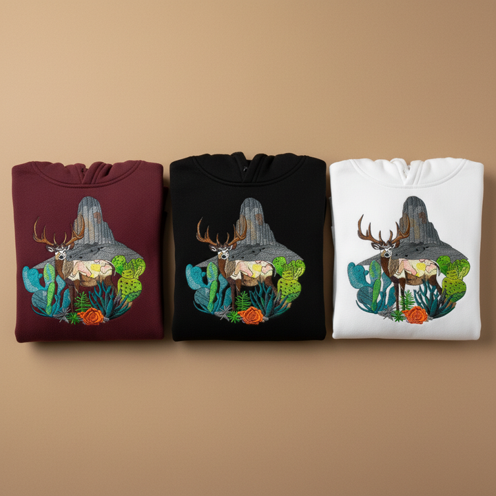 Desert Deer Machine Embroidered Hoodie – Hand Finished in Dubai | EmbroMania