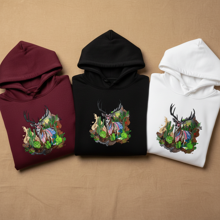 Desert Majesty Deer — Premium Embroidered Hoodie | Original EmbroMania Design