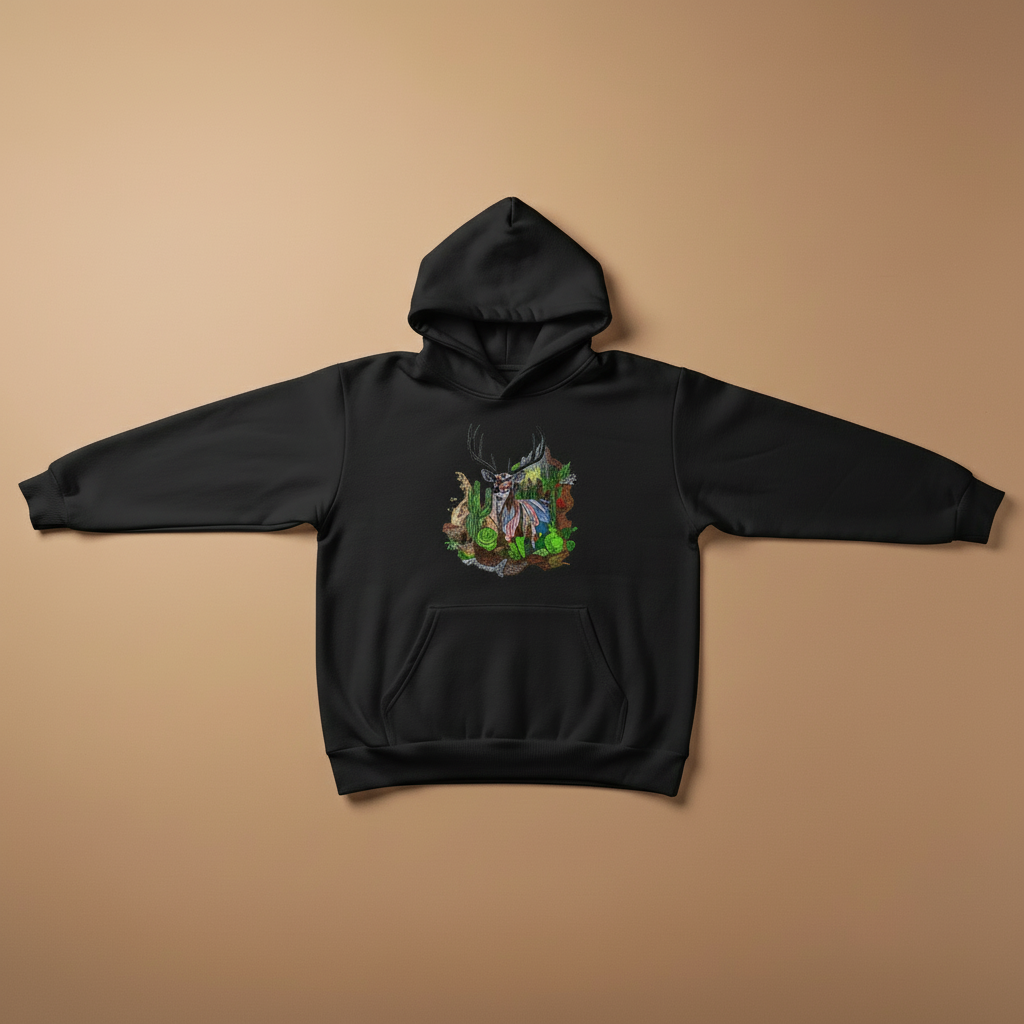 Desert Majesty Deer — Premium Embroidered Hoodie | Original EmbroMania Design