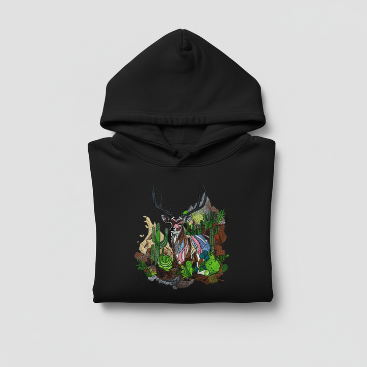 Desert Majesty Deer — Premium Embroidered Hoodie | Original EmbroMania Design