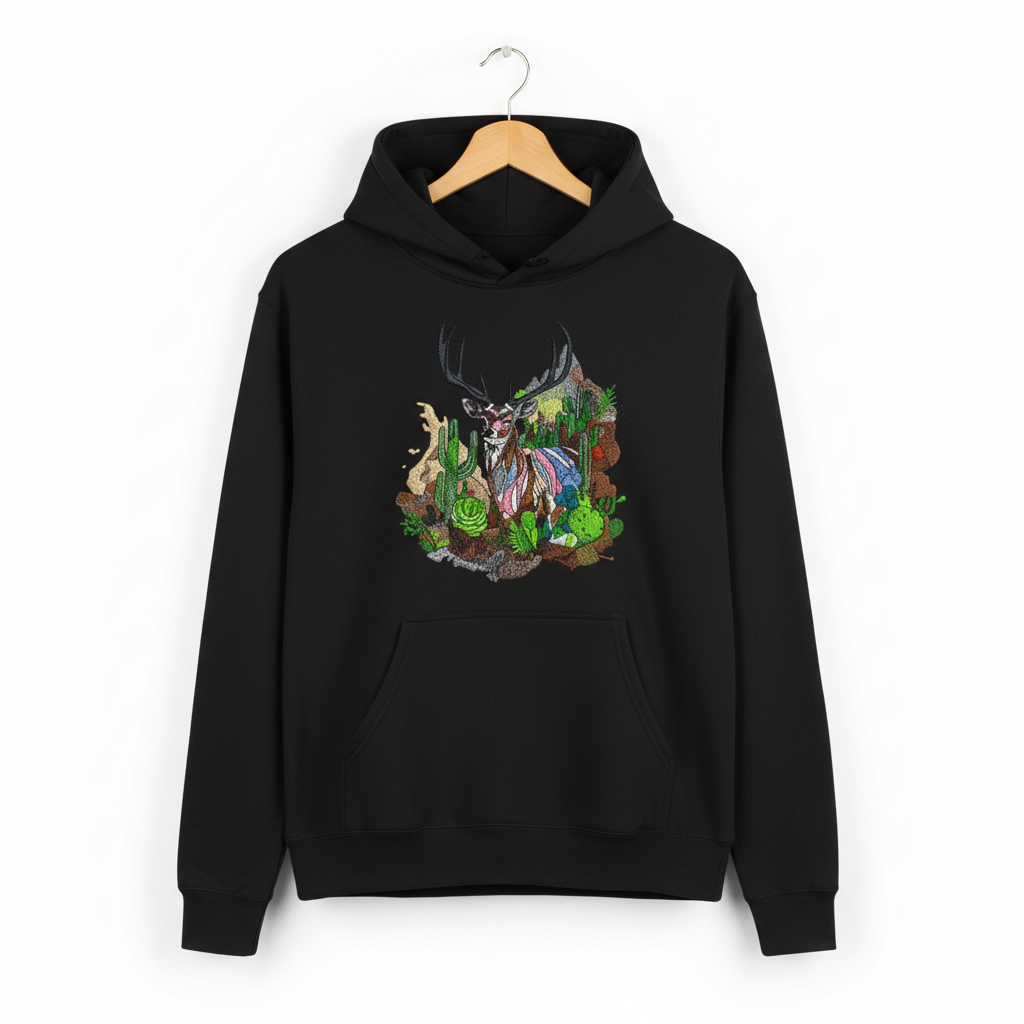 Desert Majesty Deer — Premium Embroidered Hoodie | Original EmbroMania Design