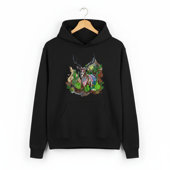 Desert Majesty Deer — Premium Embroidered Hoodie | Original EmbroMania Design