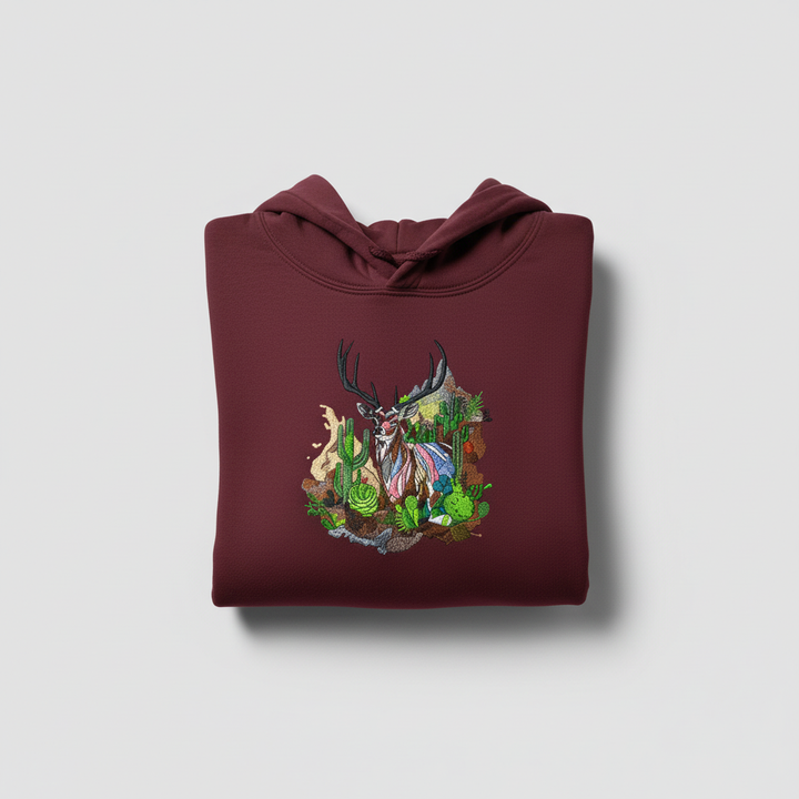 Desert Majesty Deer — Premium Embroidered Hoodie | Original EmbroMania Design