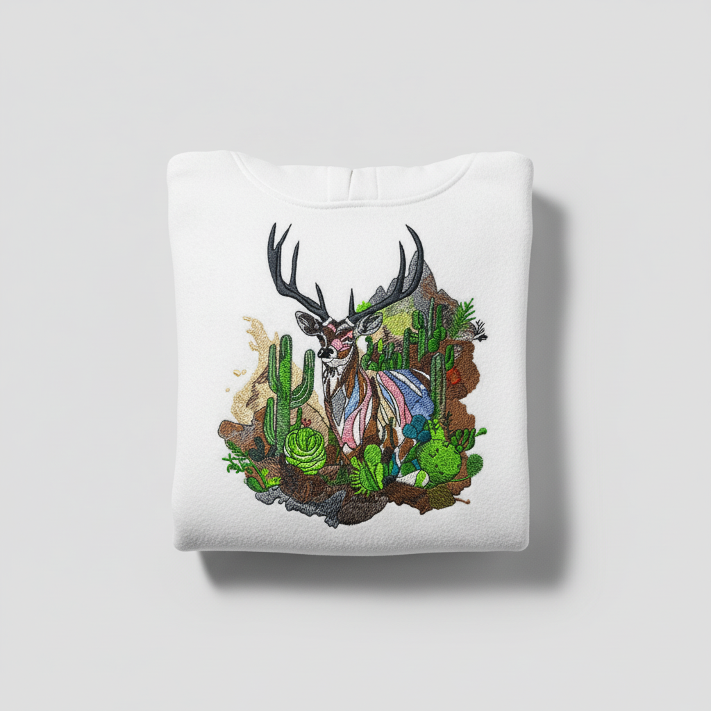 Desert Majesty Deer — Premium Embroidered Hoodie | Original EmbroMania Design