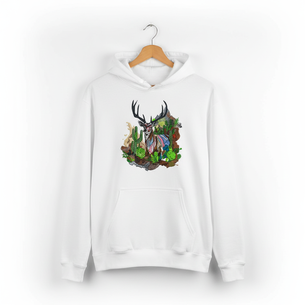 Desert Majesty Deer — Premium Embroidered Hoodie | Original EmbroMania Design