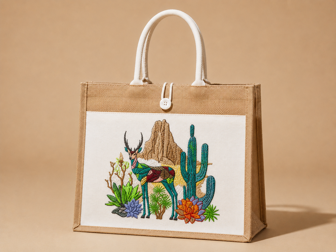 Jute bag with a colorful design of a deer and cacti on a beige background