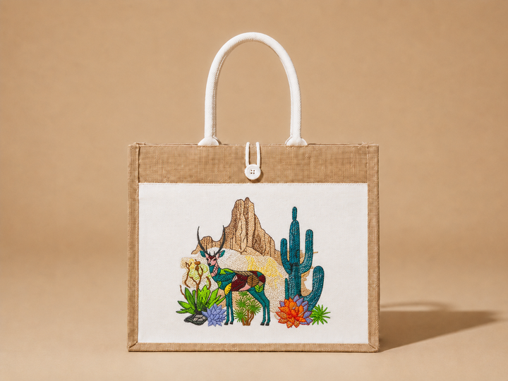 Tote bag with desert-themed design featuring a deer, cactus, and mountains on a beige background