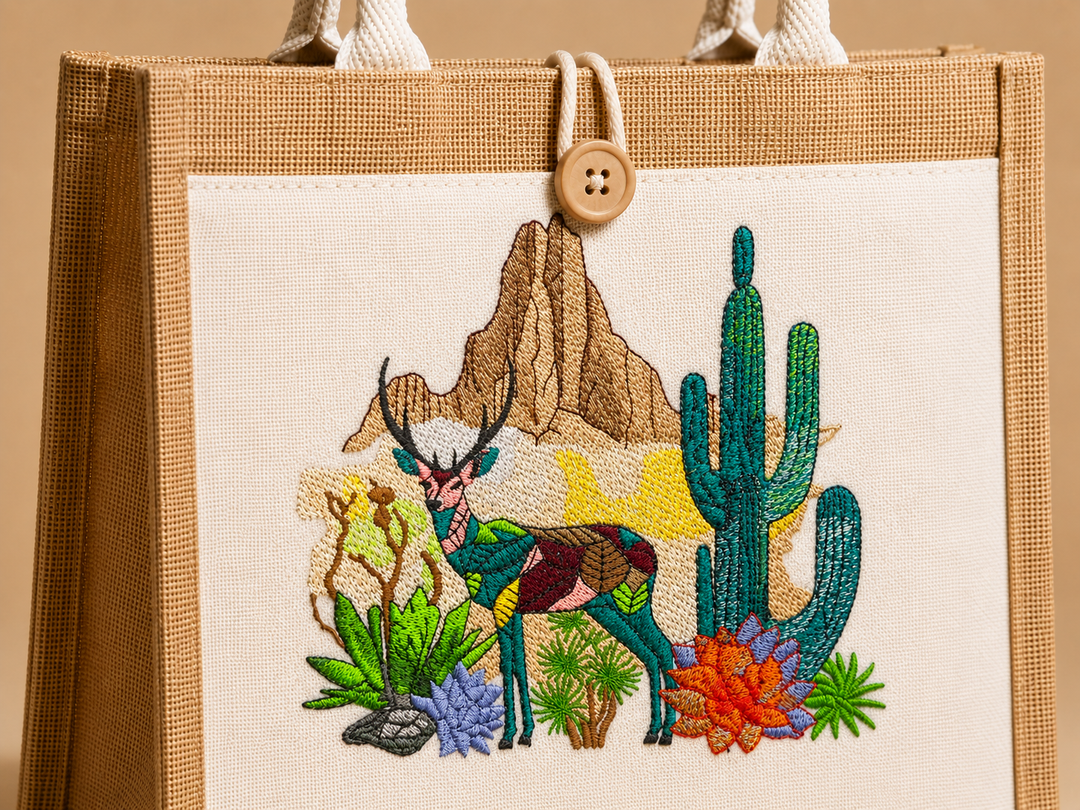 Tote bag with embroidered design of a deer and cacti on a beige background