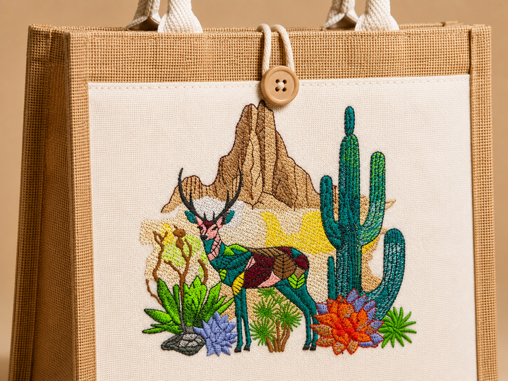Tote bag with embroidered design of a deer and cacti on a beige background
