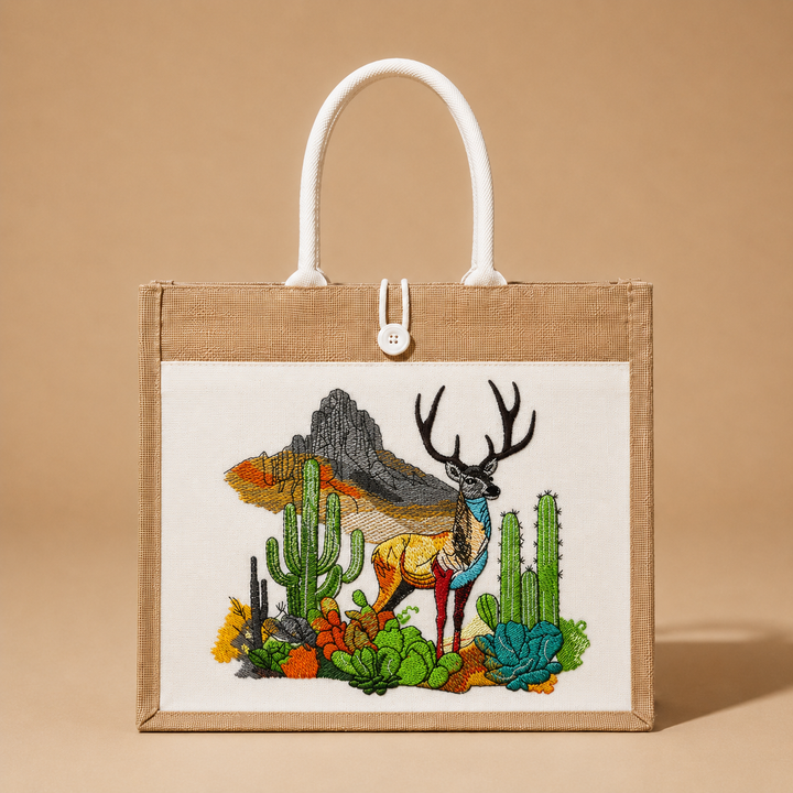 Tote bag with embroidered deer and cactus design on a beige background