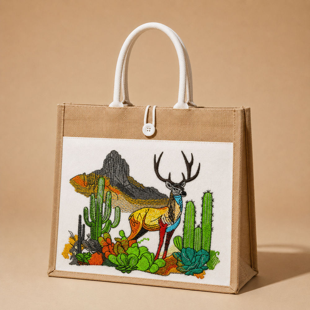 Jute bag with embroidered design of a deer and cacti on a beige background