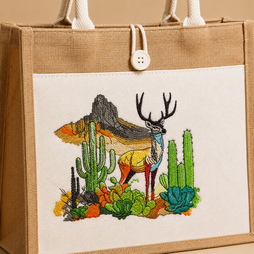 Brown tote bag with embroidered design of a deer and cacti on a beige background