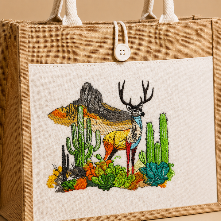 Brown tote bag with embroidered design of a deer and cacti on a beige background
