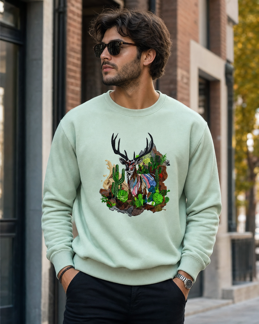 Desert Majesty Deer Machine Embroidered Sweatshirt – Hand Finished in Dubai | EmbroMania