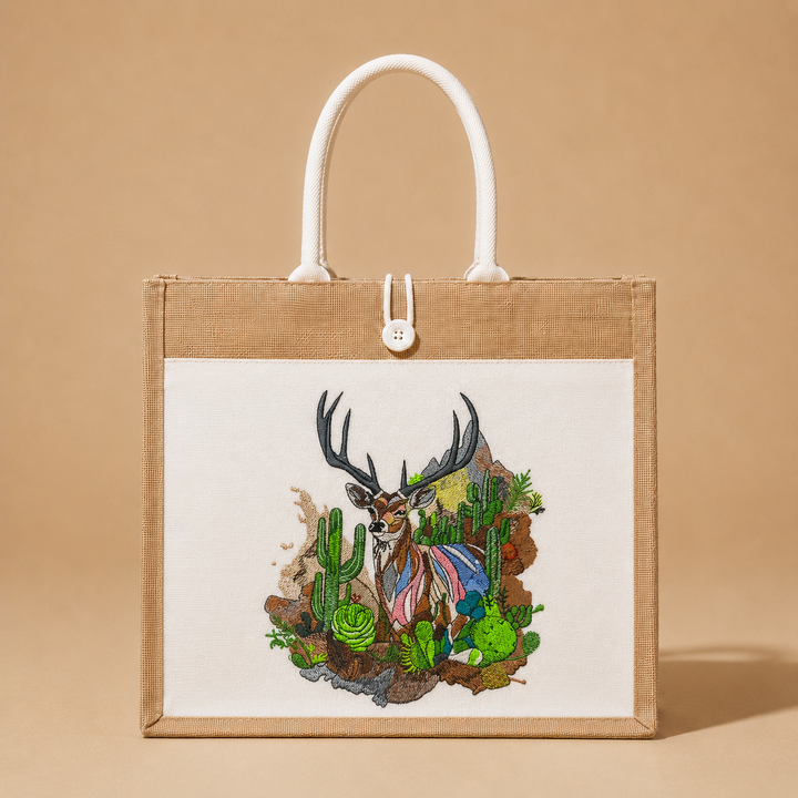 Tote bag with a deer and cactus design on a beige background