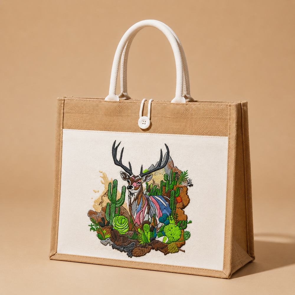 Jute bag with a deer and cactus design on a beige background