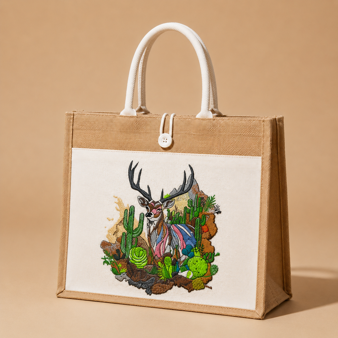 Jute bag with a deer and cactus design on a beige background