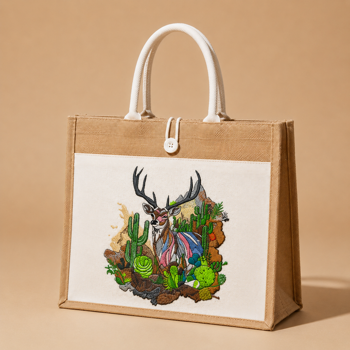 Jute bag with a deer and cactus design on a beige background