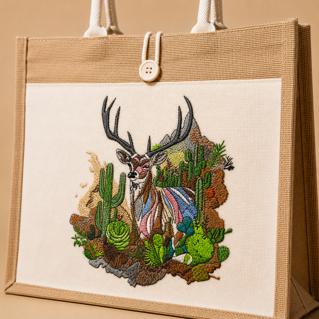Tote bag with embroidered deer and cactus design on a beige background