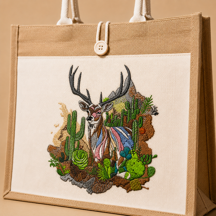 Tote bag with embroidered deer and cactus design on a beige background