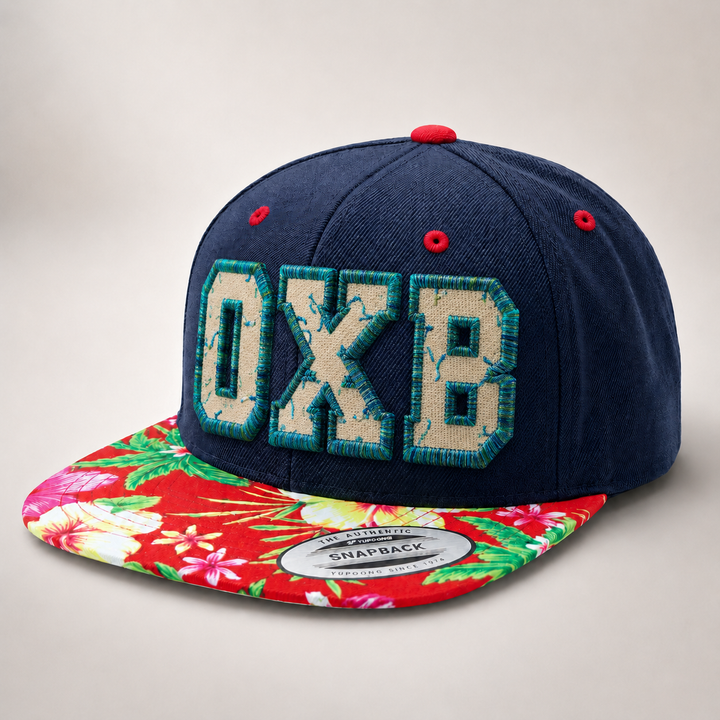 Navy blue snapback cap with floral brim and &