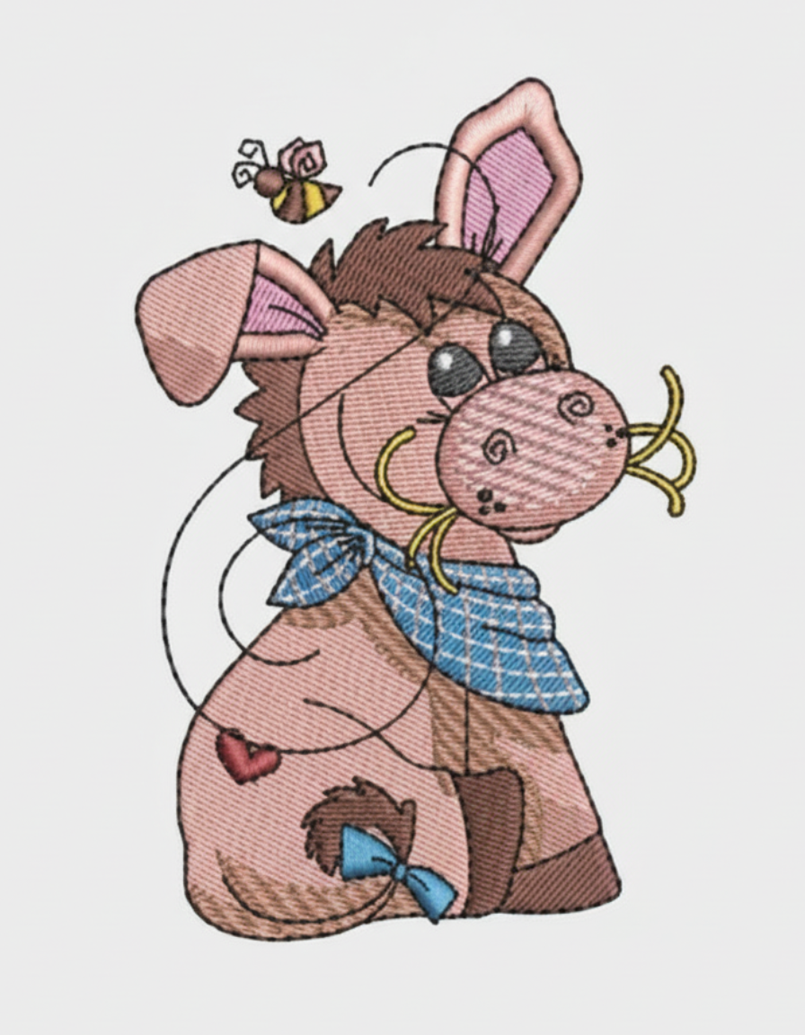 Cartoon donkey with a bow tie and a bee on a white background