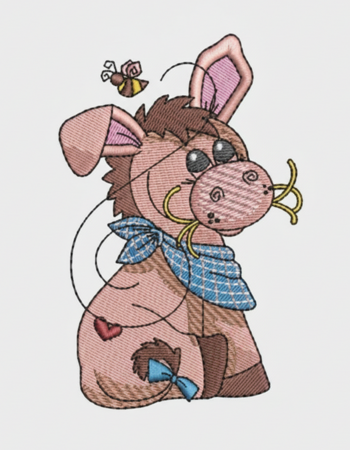 Cartoon donkey with a bow tie and a bee on a white background
