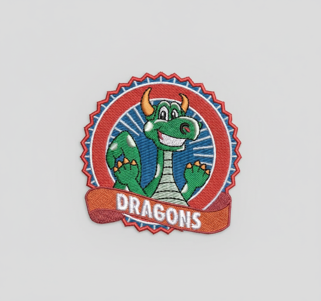 Embroidered patch with a cartoon dragon and &