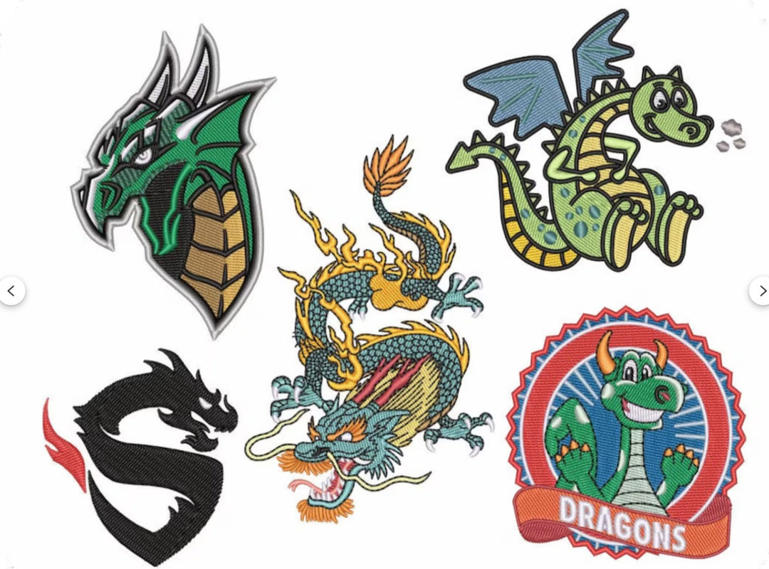 Set of six dragon illustrations in various styles on a white background