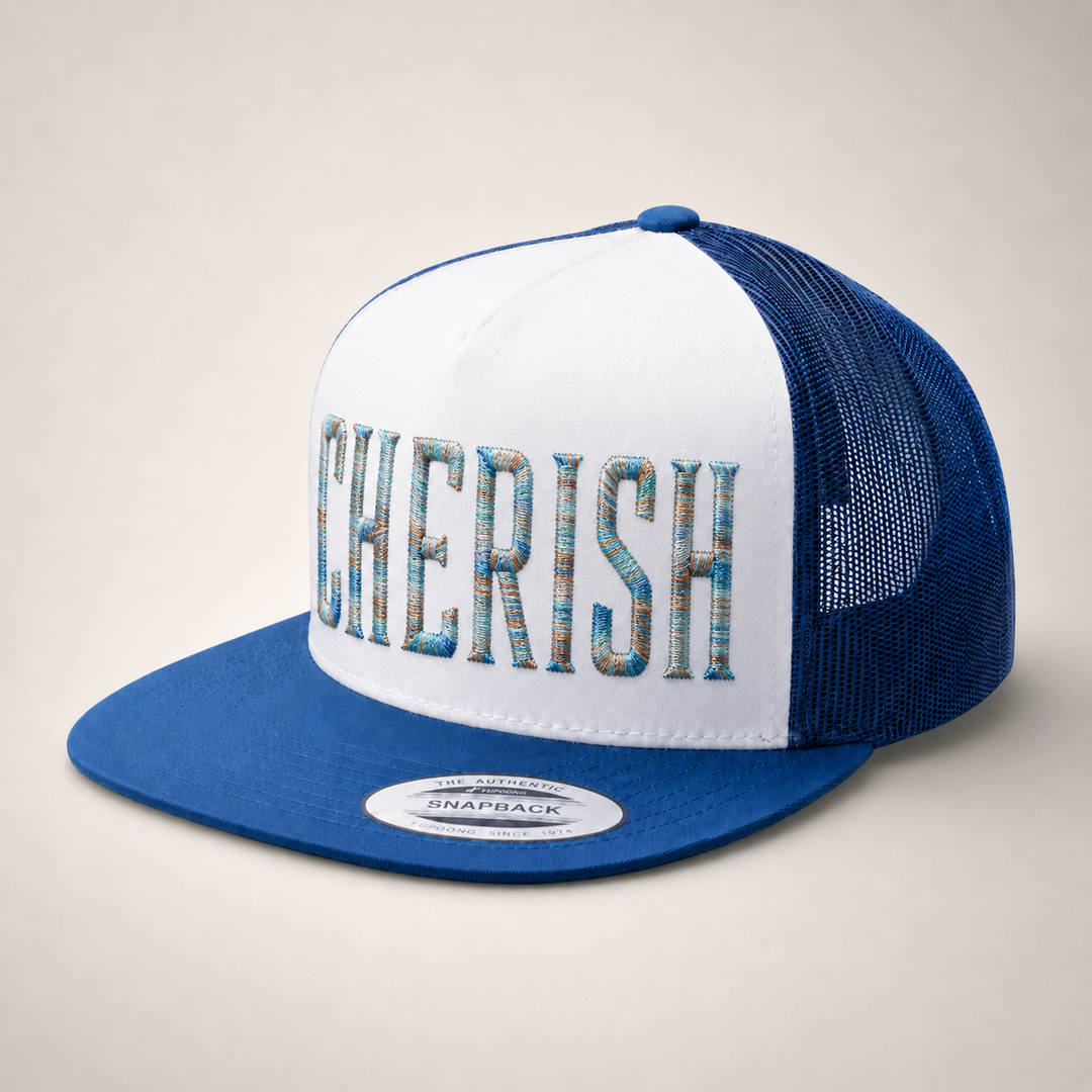 Blue and white trucker hat with &
