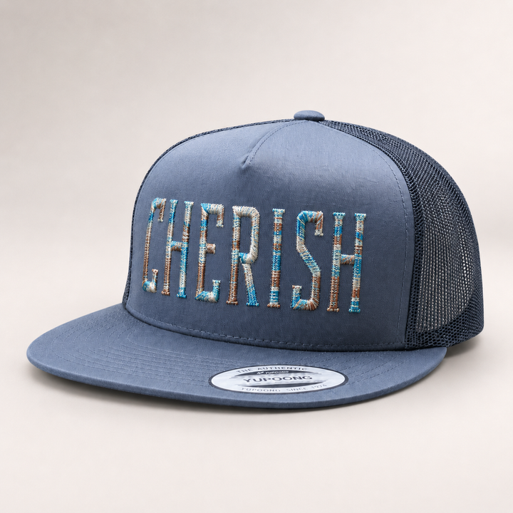 Blue trucker hat with &