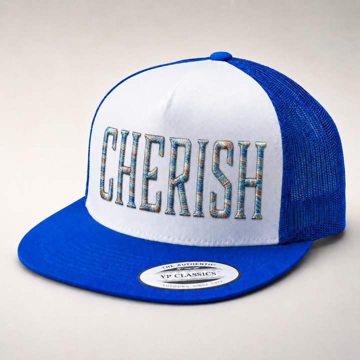 Blue and white cap with &