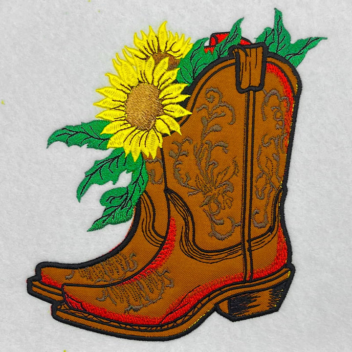 Sunflower Cowboy Boots — Appliqué Embroidered Sweatshirt | Original EmbroMania Design