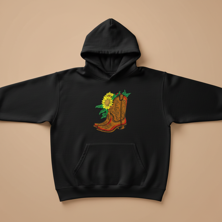 Sunflower Cowboy Boots Machine Embroidered Hoodie – Hand Finished in Dubai | EmbroMania