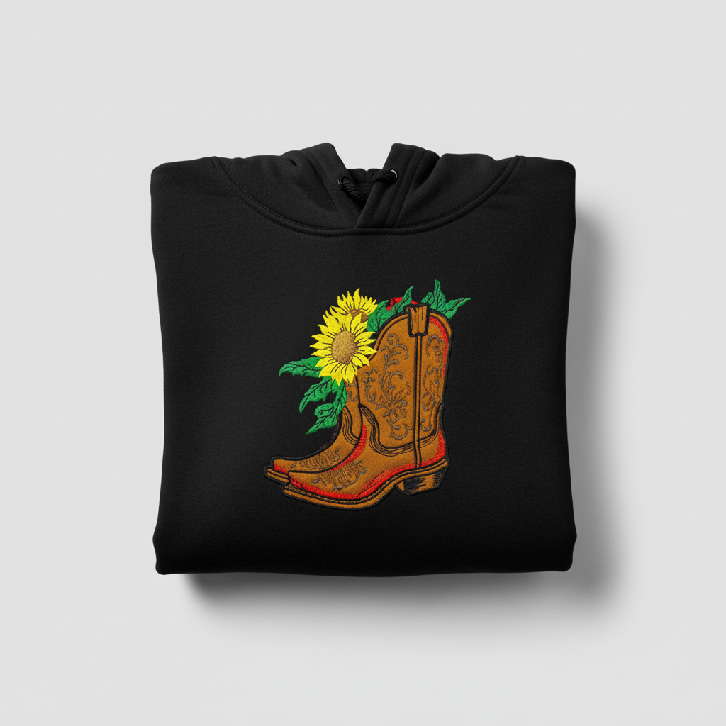 Sunflower Cowboy Boots Machine Embroidered Hoodie – Hand Finished in Dubai | EmbroMania