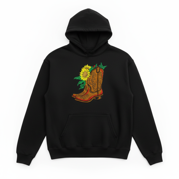 Sunflower Cowboy Boots Machine Embroidered Hoodie – Hand Finished in Dubai | EmbroMania