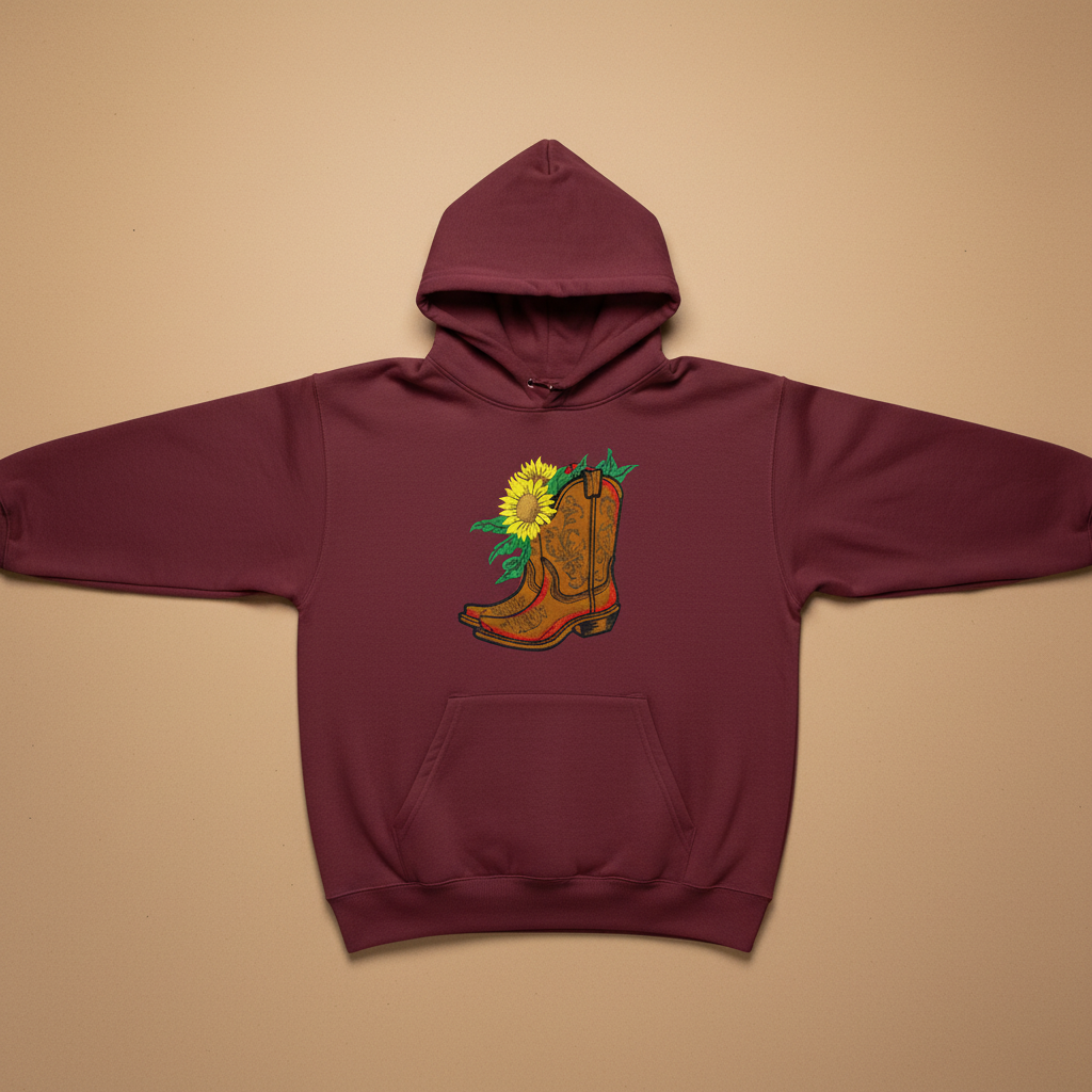 Sunflower Cowboy Boots Machine Embroidered Hoodie – Hand Finished in Dubai | EmbroMania