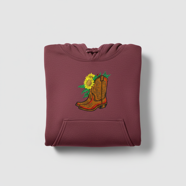 Sunflower Cowboy Boots Machine Embroidered Hoodie – Hand Finished in Dubai | EmbroMania
