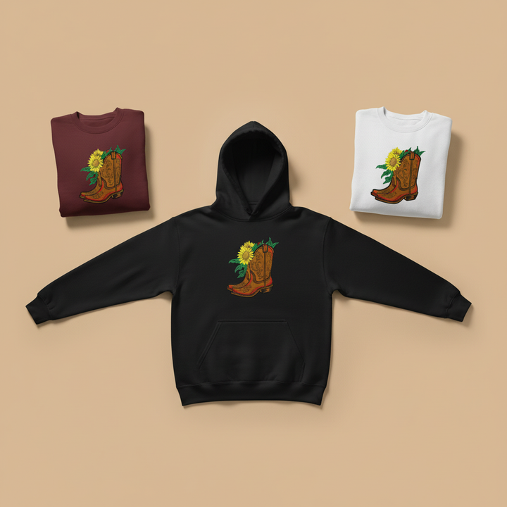 Sunflower Cowboy Boots Machine Embroidered Hoodie – Hand Finished in Dubai | EmbroMania