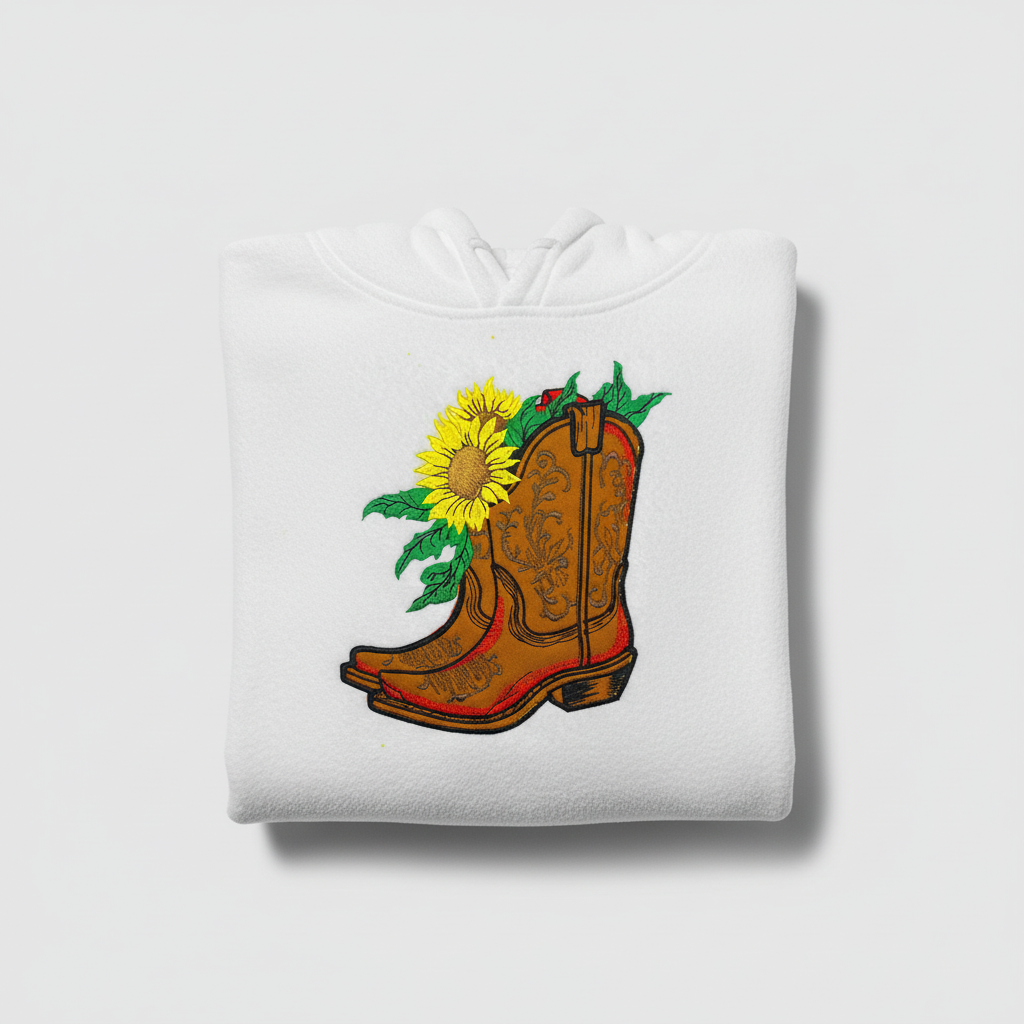 Sunflower Cowboy Boots Machine Embroidered Hoodie – Hand Finished in Dubai | EmbroMania