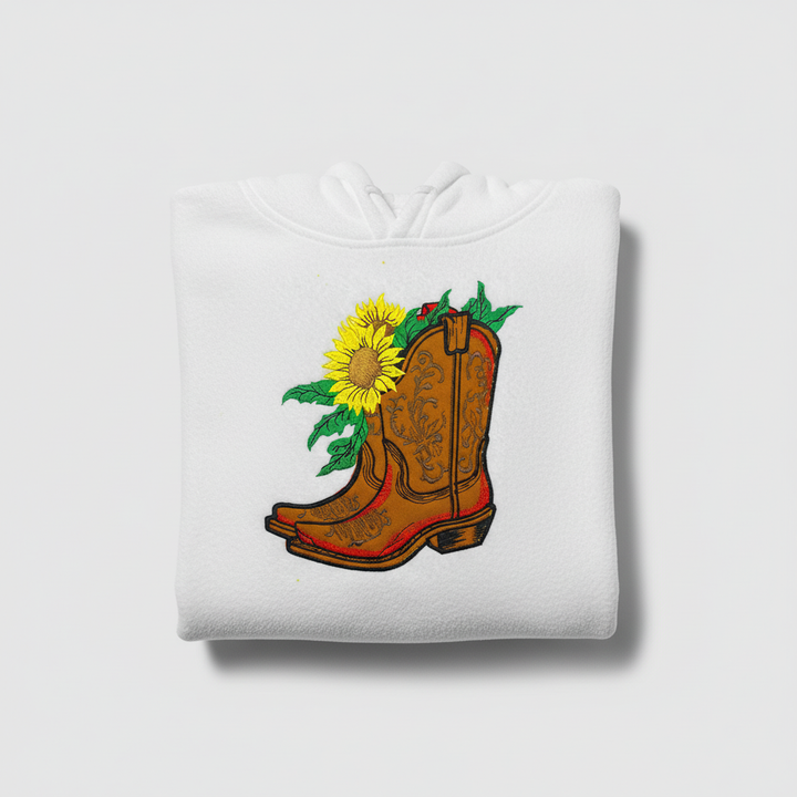 Sunflower Cowboy Boots Machine Embroidered Hoodie – Hand Finished in Dubai | EmbroMania