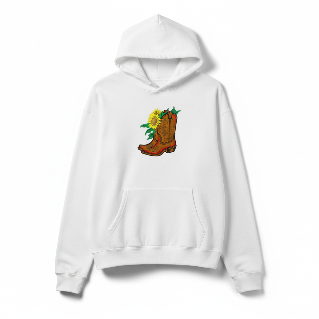 Sunflower Cowboy Boots Machine Embroidered Hoodie – Hand Finished in Dubai | EmbroMania