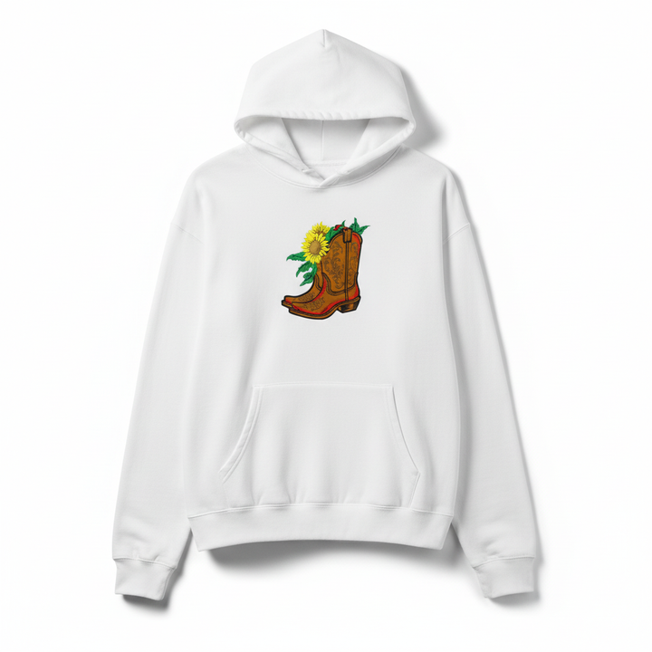 Sunflower Cowboy Boots Machine Embroidered Hoodie – Hand Finished in Dubai | EmbroMania