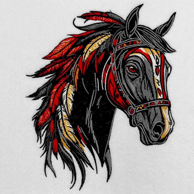 Decorative horse head with red and gold mane on a white background